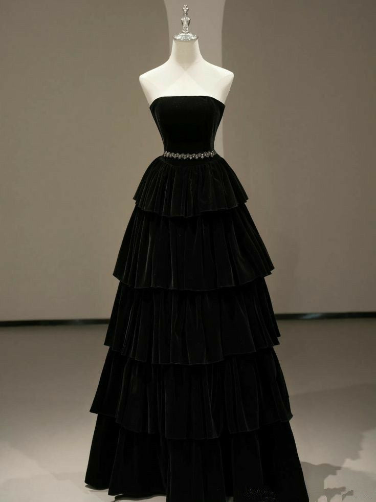 Sexy Ball Gown Strapless Black Velvet Long Evening Gowns Prom Dresses