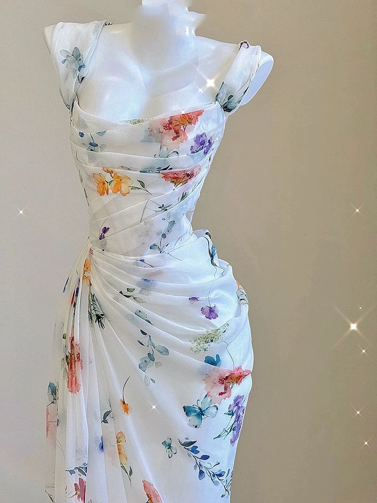 Sexy Mermaid Straps Chiffon Floral Evening Gowns Long Prom Dresses