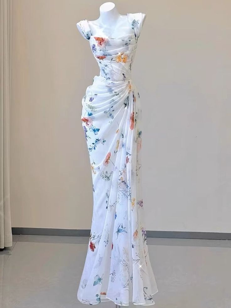 Sexy Mermaid Straps Chiffon Floral Evening Gowns Long Prom Dresses