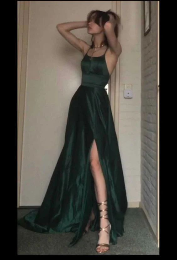 Sexy A Line Halter Dark Green Satin Long Evening Gowns Prom Dresses