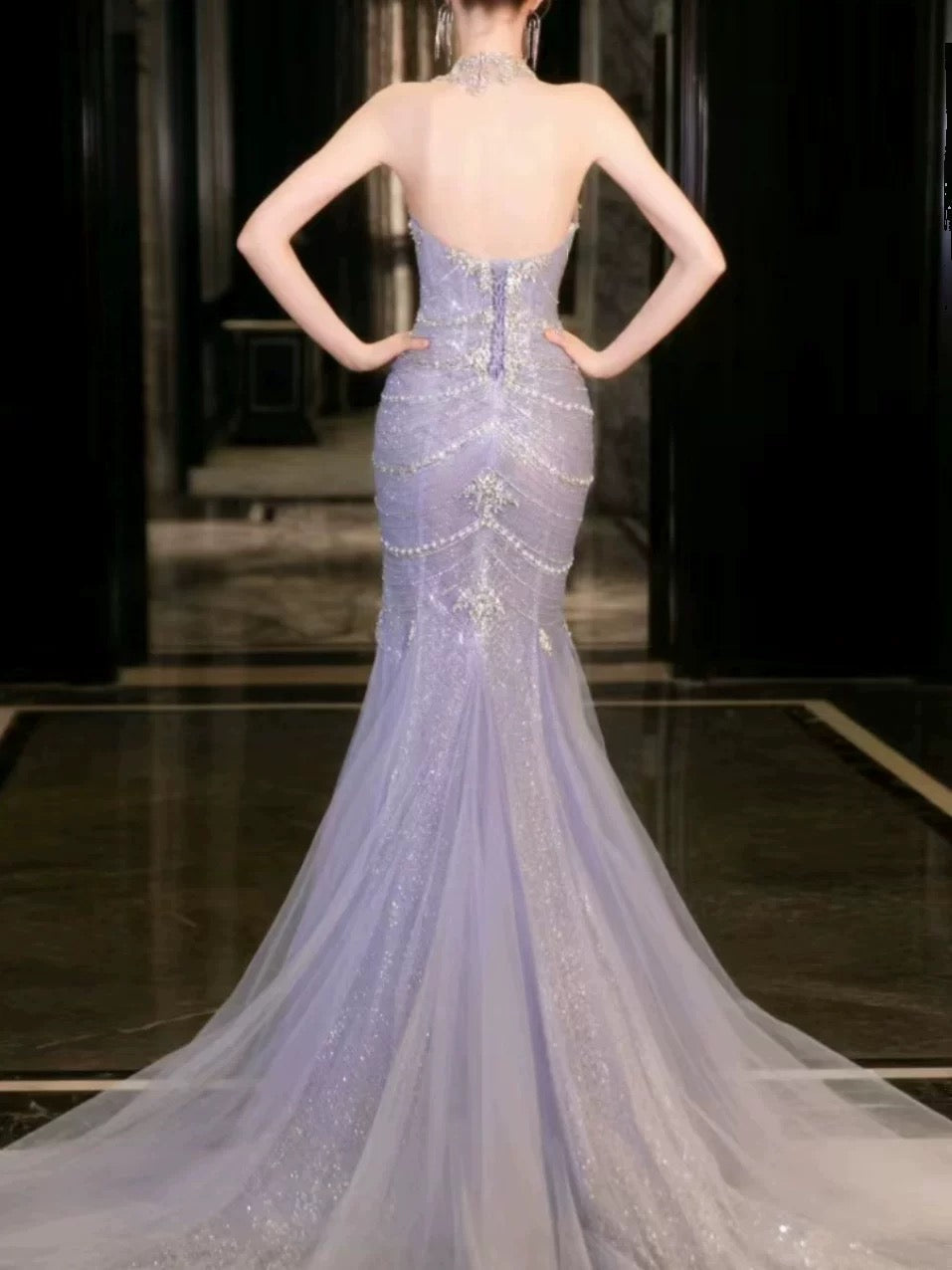 Classy Mermaid High Neckline Tulle Lilac Beads Long Party Dress Prom Dresses