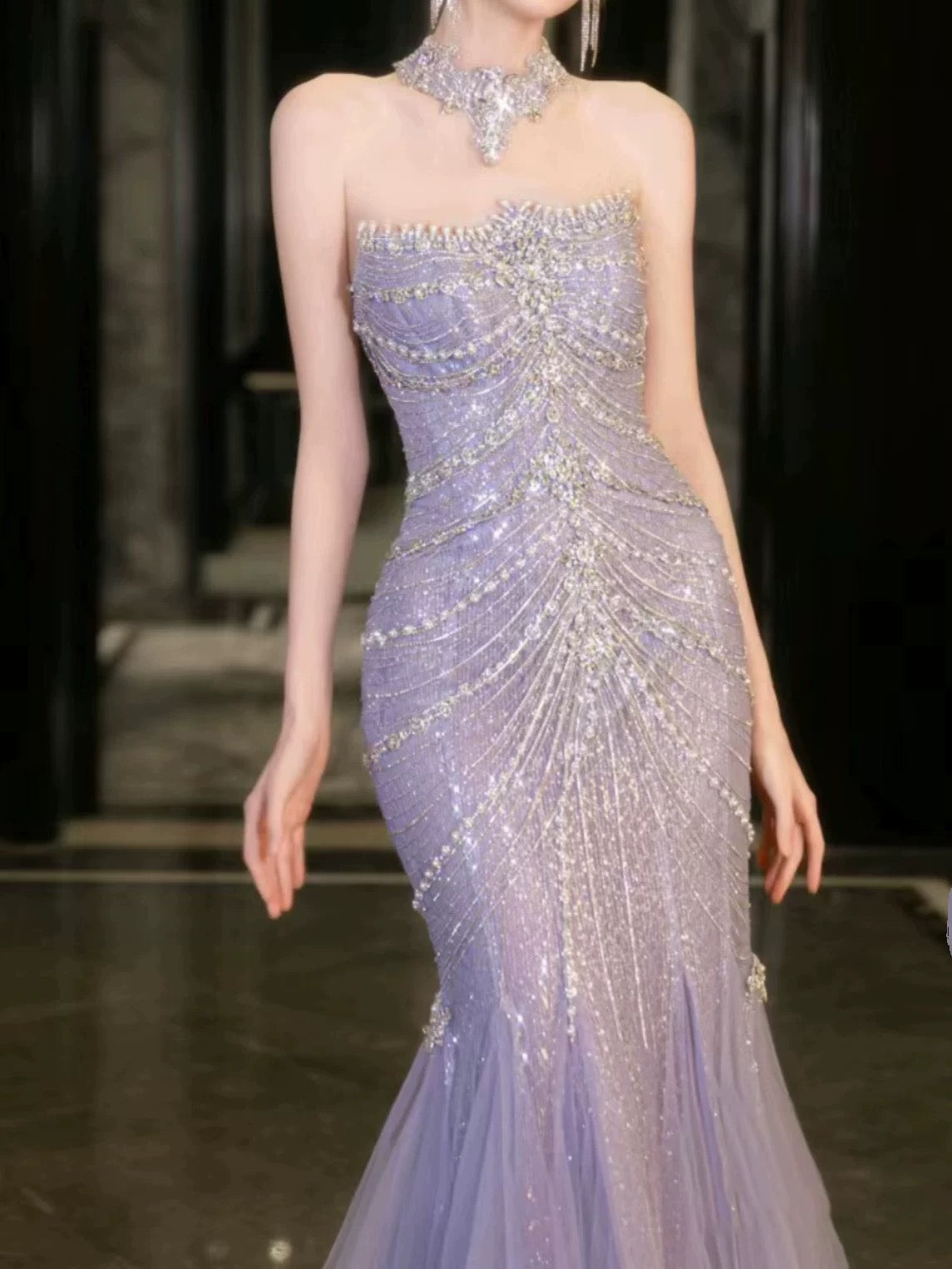 Classy Mermaid High Neckline Tulle Lilac Beads Long Party Dress Prom Dresses