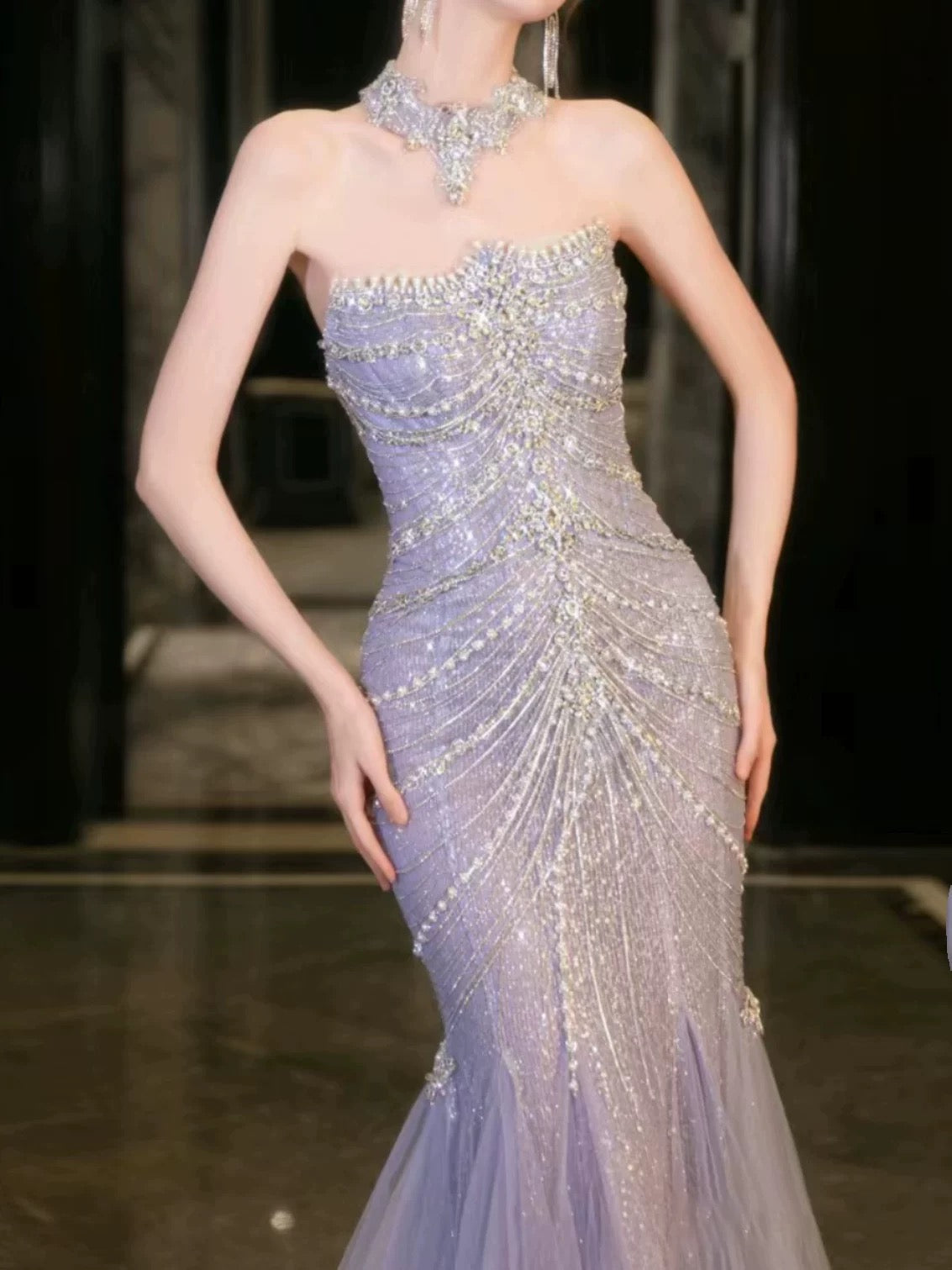 Classy Mermaid High Neckline Tulle Lilac Beads Long Party Dress Prom Dresses