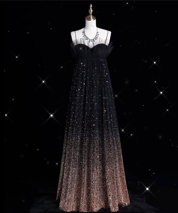 Aesthetic A line Spaghetti Straps Sequin Brown Long Evening Dress Prom Dresses