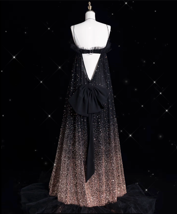 Aesthetic A-Line Spaghetti Straps Sequin Brown Long Evening & Prom Dress - View 3 | FashionDia