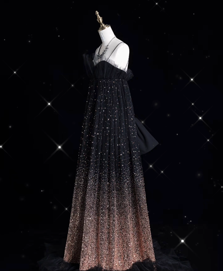 Aesthetic A-Line Spaghetti Straps Sequin Brown Long Evening & Prom Dress - View 2 | FashionDia