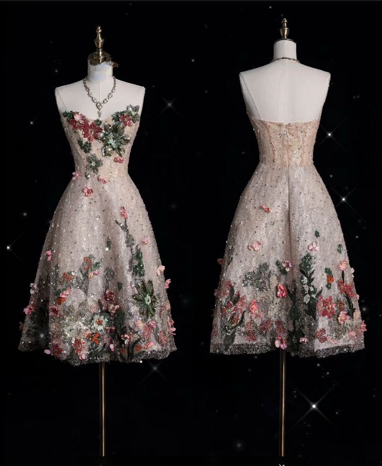 Aesthetic A-Line Sweetheart Lace Floral Short Evening & Prom Dress - FashionDia