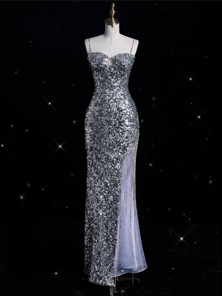 Aesthetic Sheath Spaghetti Straps Sequin Silver Long Evening & Prom Dress - FashionDia