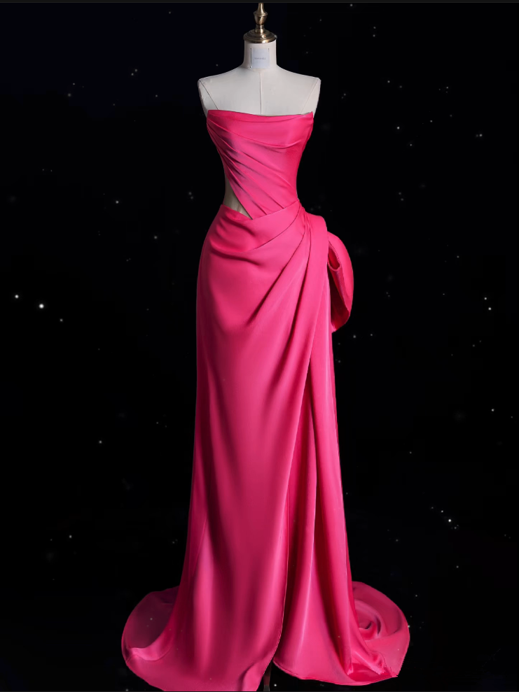 Modest Mermaid Strapless Pink Satin Party Dress Long Prom Dress Evening Dresses