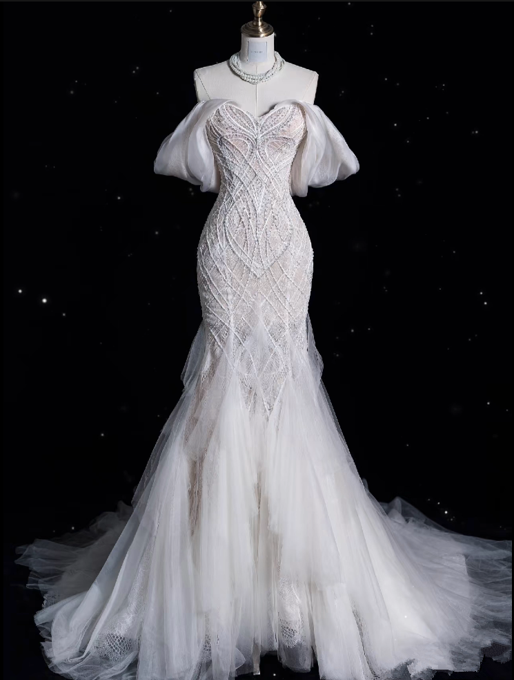 Sexy Mermaid Off The Shoulder White Lace Long Wedding Dresses Brides Dress
