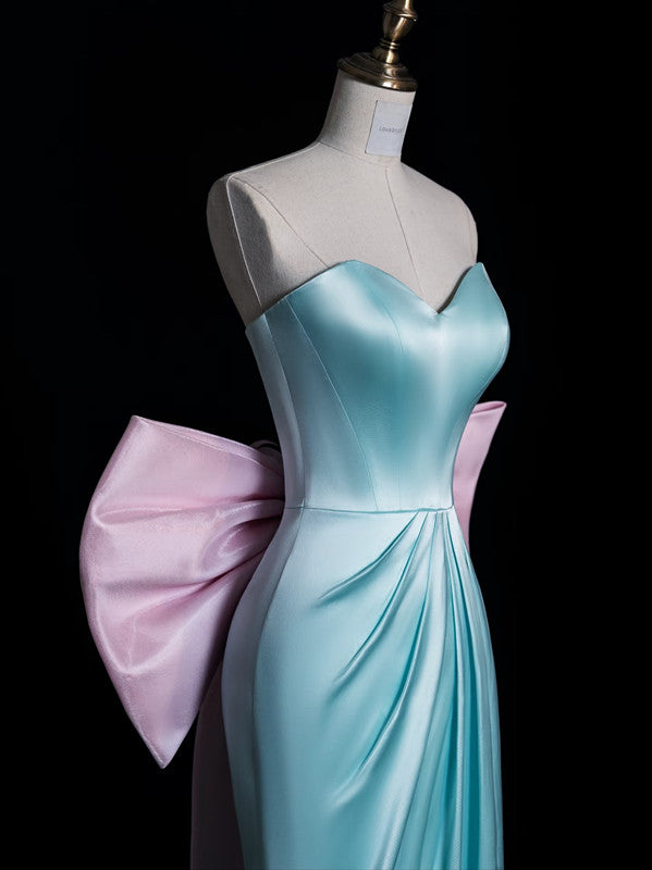 Modest A-Line Sweetheart Blue Satin Party Dress Long Prom Dress Evening Dresses - View 4 | FashionDia
