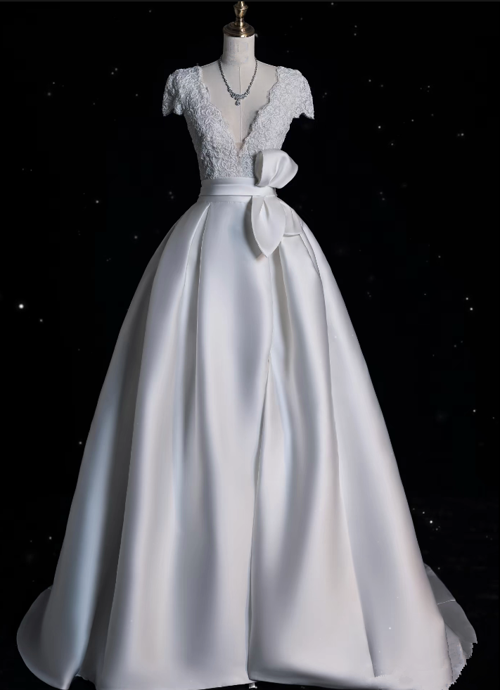 Aesthetic Ball Gown V Neckline Satin White Long Wedding Dresses Brides Dress - FashionDia