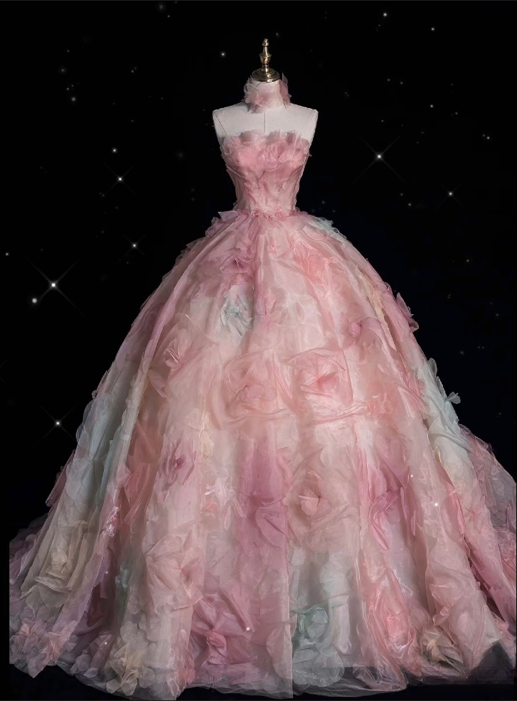 Vintage Fashion Ball Gown Strapless Pink Floral Floor-Length Evening & Prom Dress - FashionDia
