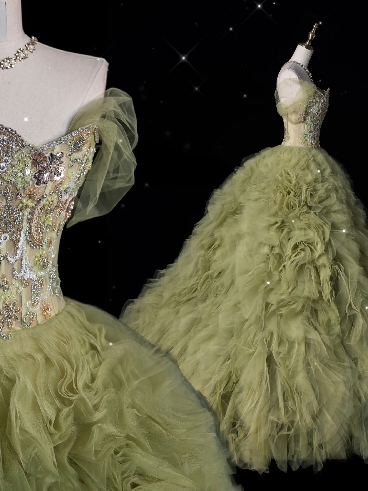 Aesthetic Ball Gown Sweetheart Sage Green Tulle Party Dress Long Prom Dress Evening Dresses - FashionDia