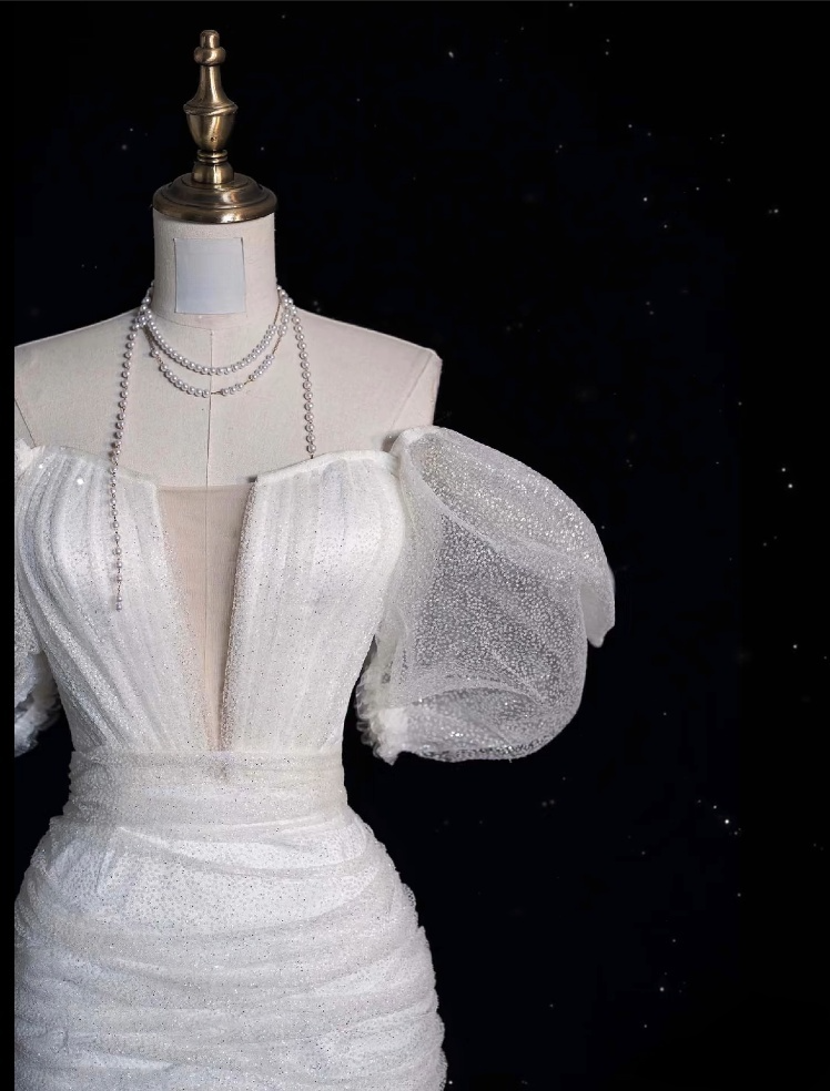 Unique Sheath Off-the-Shoulder Sequin Short Sleeves White Wedding Dresses Brides Dress - View 4 | FashionDia