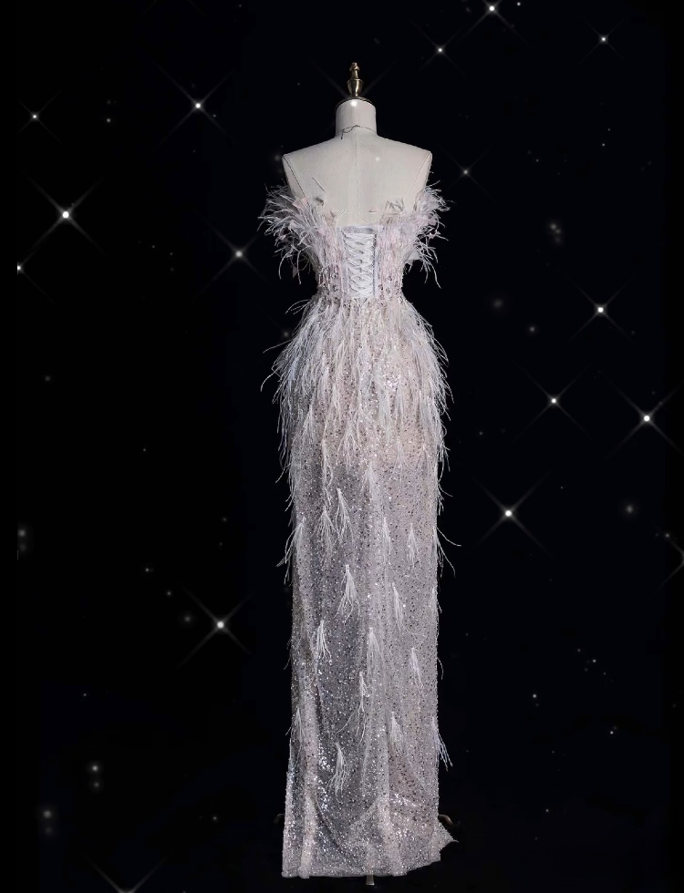 Classy Mermaid Strapless Feathers Floor-Length Evening Dress Sequin Prom Dresses