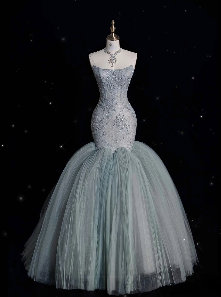 Classy Mermaid Strapless Sage Green Floor-Length Evening Dress Tulle Prom Dresses - FashionDia