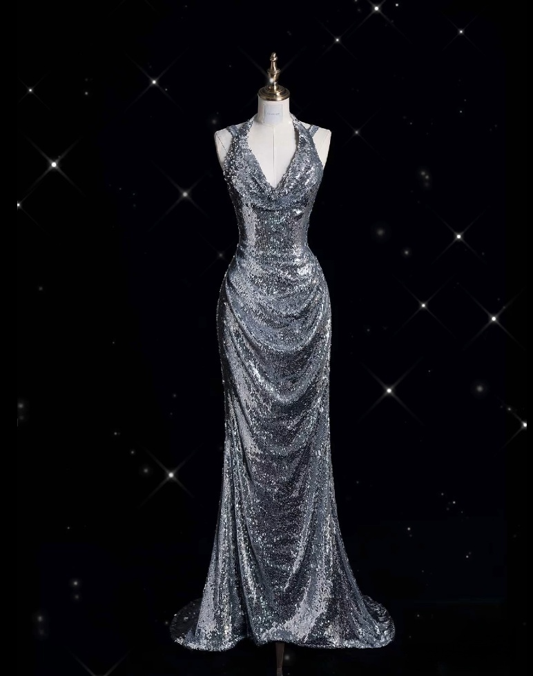 Classy Mermaid Halter Silver Sequin Long Evening Dress Sexy Prom Dresses - FashionDia