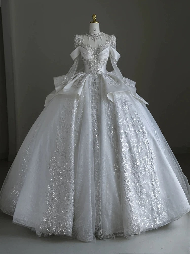 Pretty Ball Gown Scoop Neckline Long Sleeves Sequin White Wedding Dresses Brides Dress
