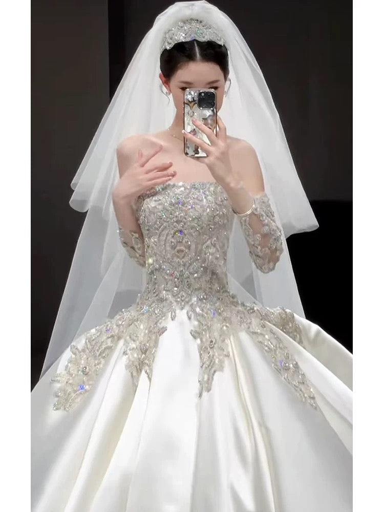 Classy Ball Gown Strapless Neckline Long Sleeves Sequin White Wedding Dresses Brides Dress