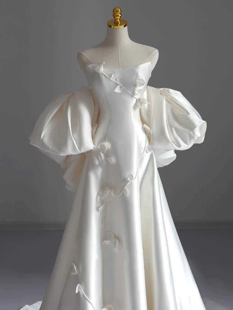 Classy Ball Gown Strapless Short Sleeves Satin White Wedding Dresses Brides Dress - View 4 | FashionDia