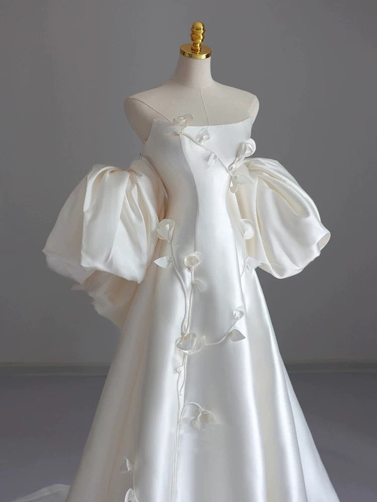 Classy Ball Gown Strapless Short Sleeves Satin White Wedding Dresses Brides Dress - View 3 | FashionDia