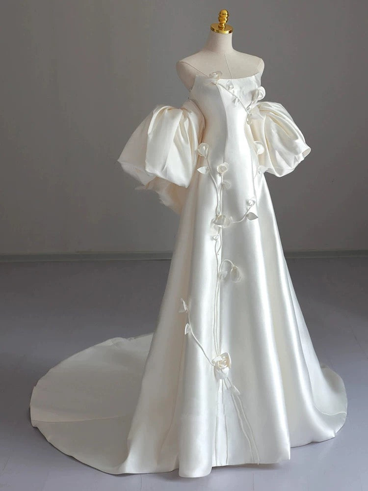 Classy Ball Gown Strapless Short Sleeves Satin White Wedding Dresses Brides Dress - View 2 | FashionDia