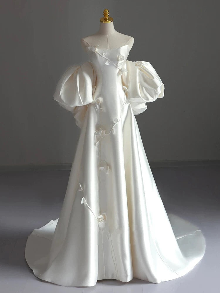 Classy Ball Gown Strapless Short Sleeves Satin White Wedding Dresses Brides Dress - FashionDia