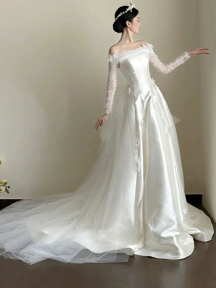 Timeless Ball Gown Off-the-Shoulder White Tulle Long Wedding Dress - FashionDia