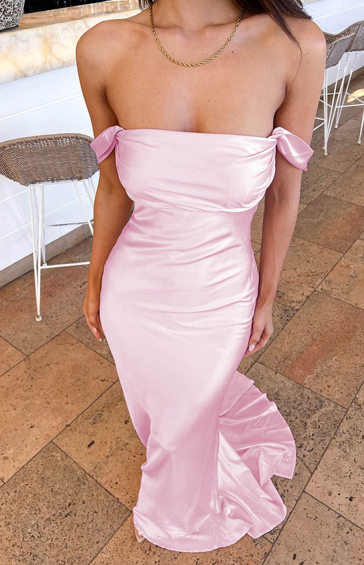 Mermaid Off The Shoulder Floor-length Satin Pink Evening Dress Prom Dresses