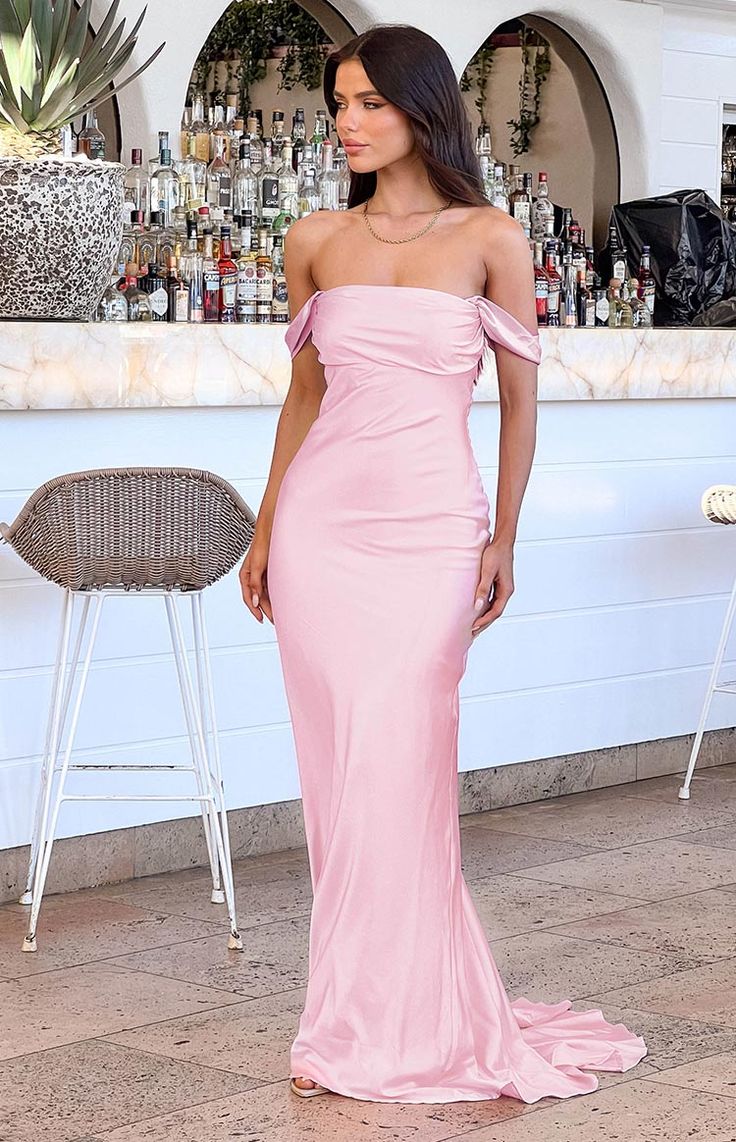Mermaid Off The Shoulder Floor-length Satin Pink Evening Dress Prom Dresses