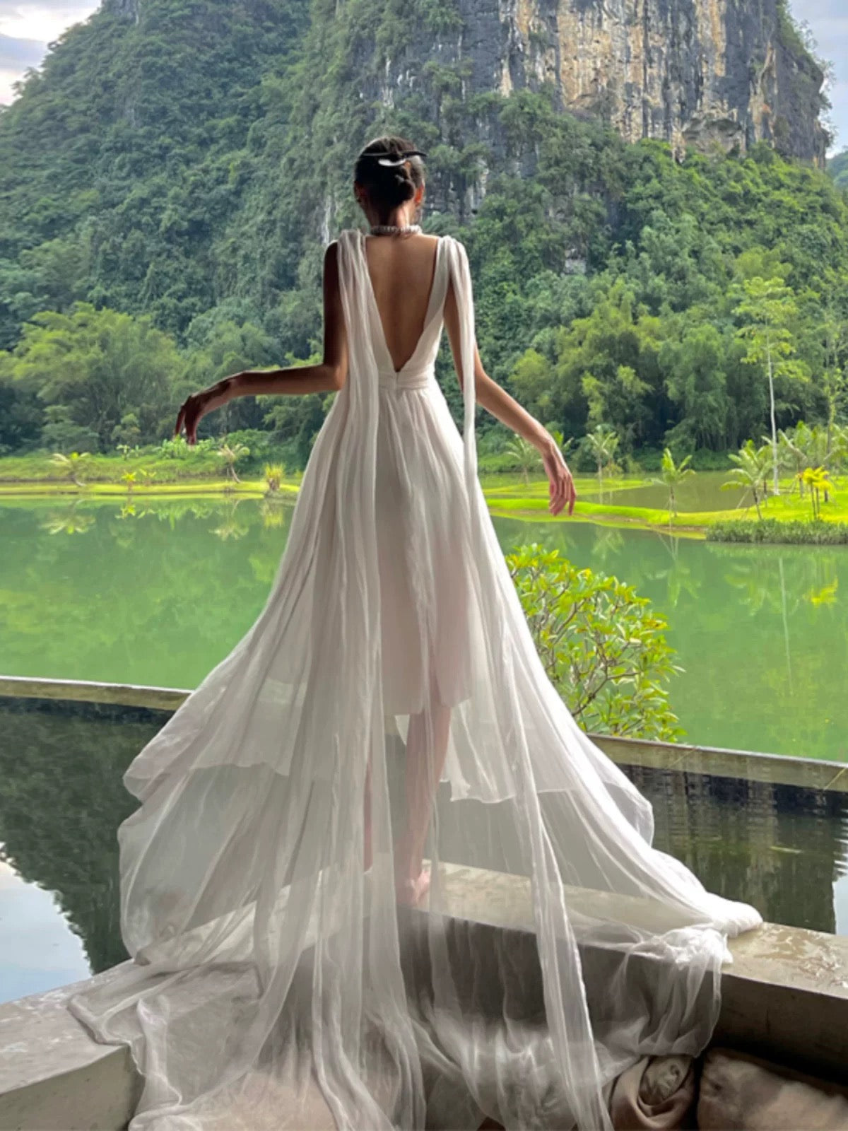 Beautiful A-Line V Neckline White Chiffon Long Party Dresses Prom Dress - View 6 | FashionDia