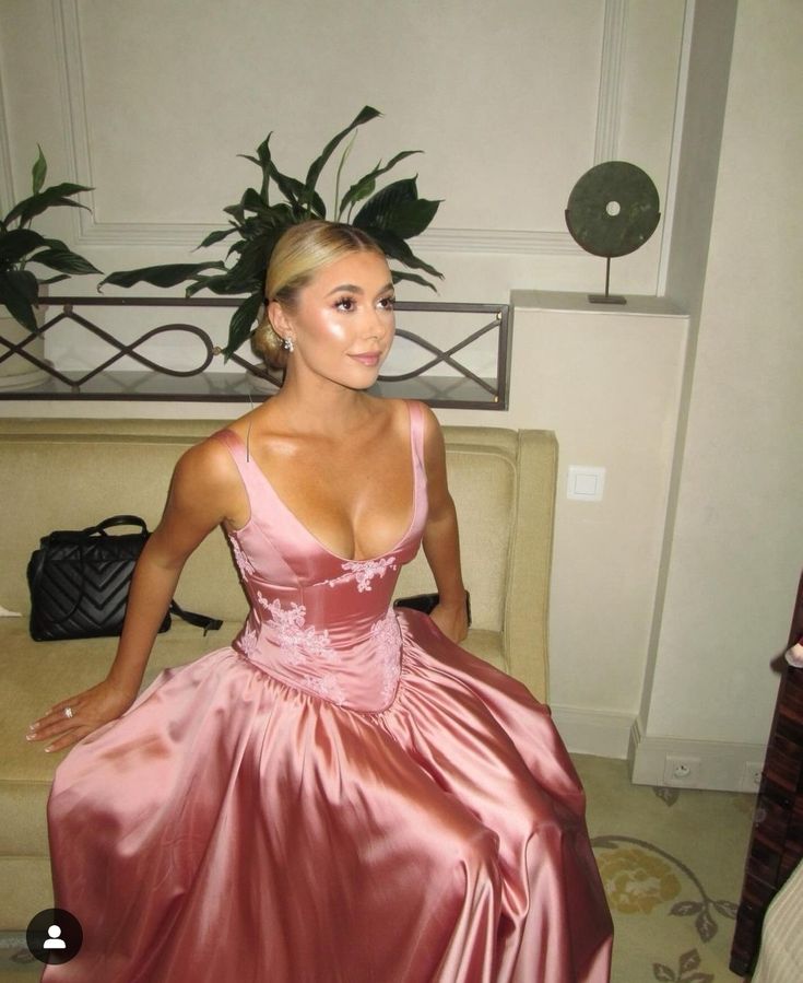 Elegant A-Line V Neckline Floor-Length Satin Long Pink Evening & Prom Dress - View 2 | FashionDia