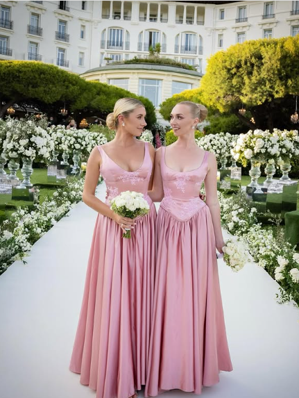 Elegant A-Line V Neckline Floor-Length Satin Long Pink Evening & Prom Dress - View 5 | FashionDia
