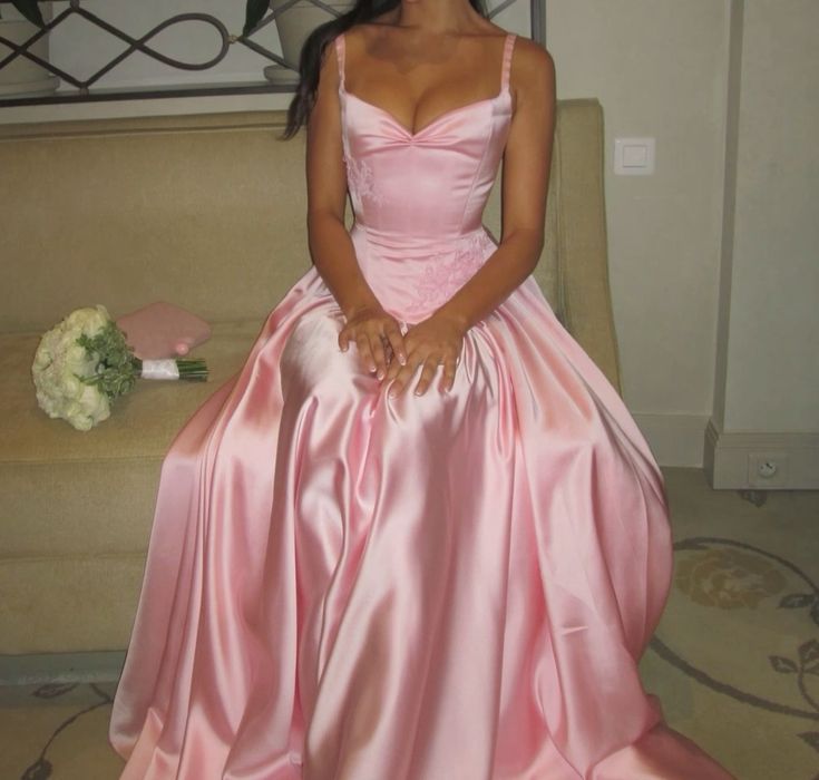 Elegant A-Line Spaghetti Straps Floor-Length Satin Long Pink Evening & Prom Dress - FashionDia