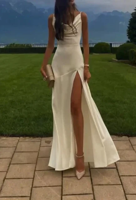Gorgeous Mermaid Spaghetti Straps Floor-Length White Slit Evening & Prom Dress - View 3 | FashionDia
