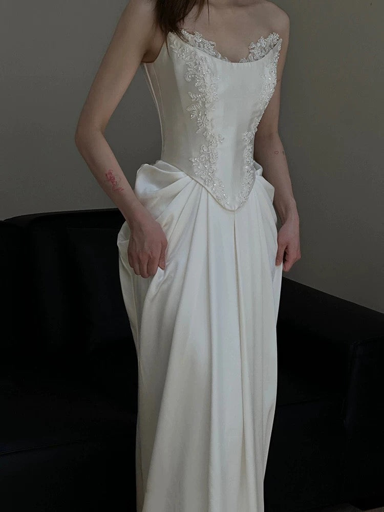 Unique Mermaid Strapless Pleats Long White Satin Lace Wedding Dresses Brides Dress