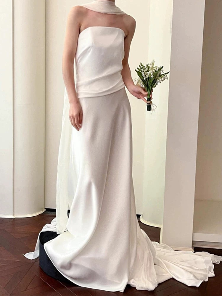 Unique Mermaid Strapless Pleats Satin Wedding Dresses Brides Dress - FashionDia