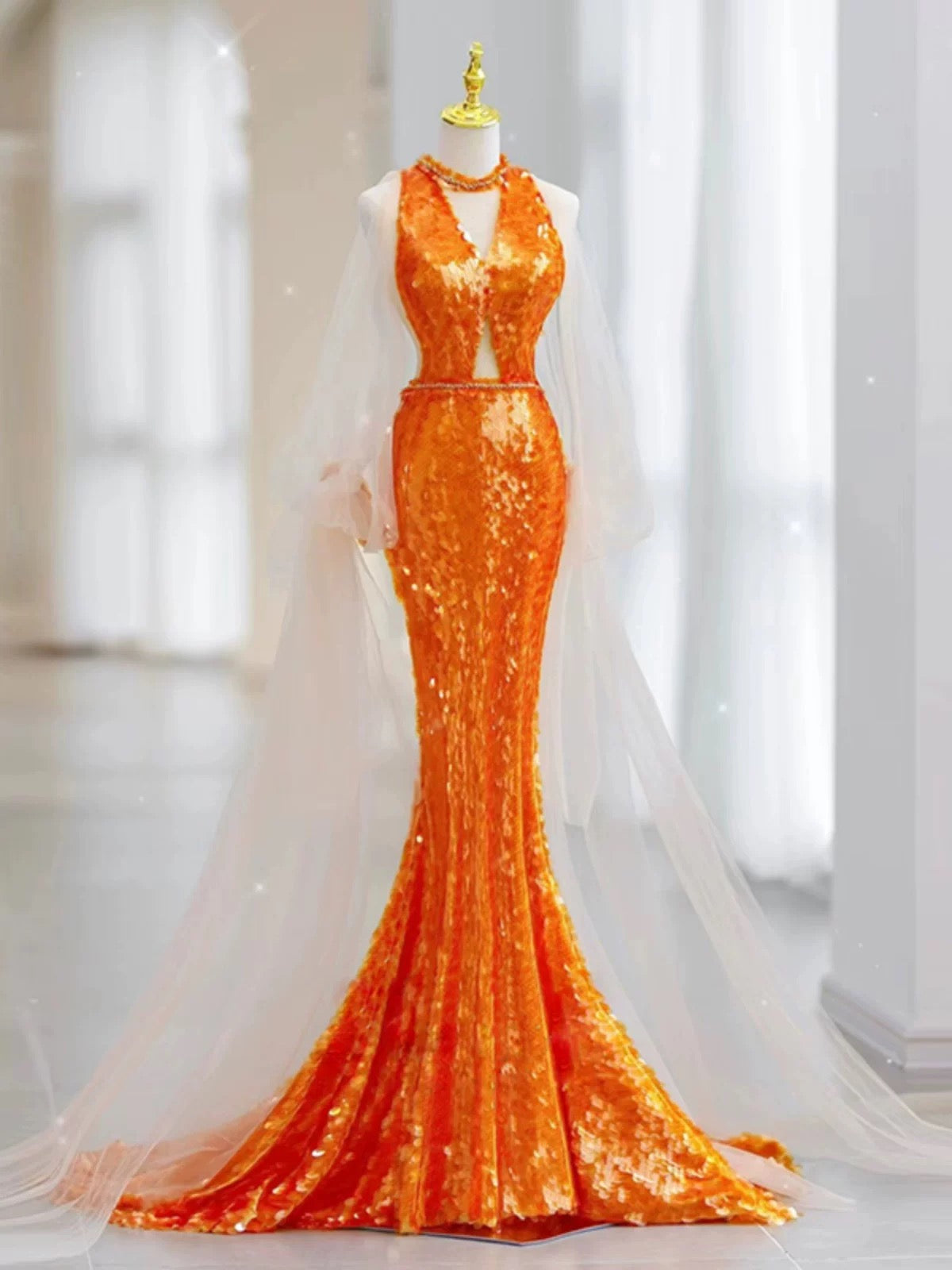 Pretty Mermaid Scoop Orange Sequin Long Prom & Evening Dress Formal Dress - FashionDia