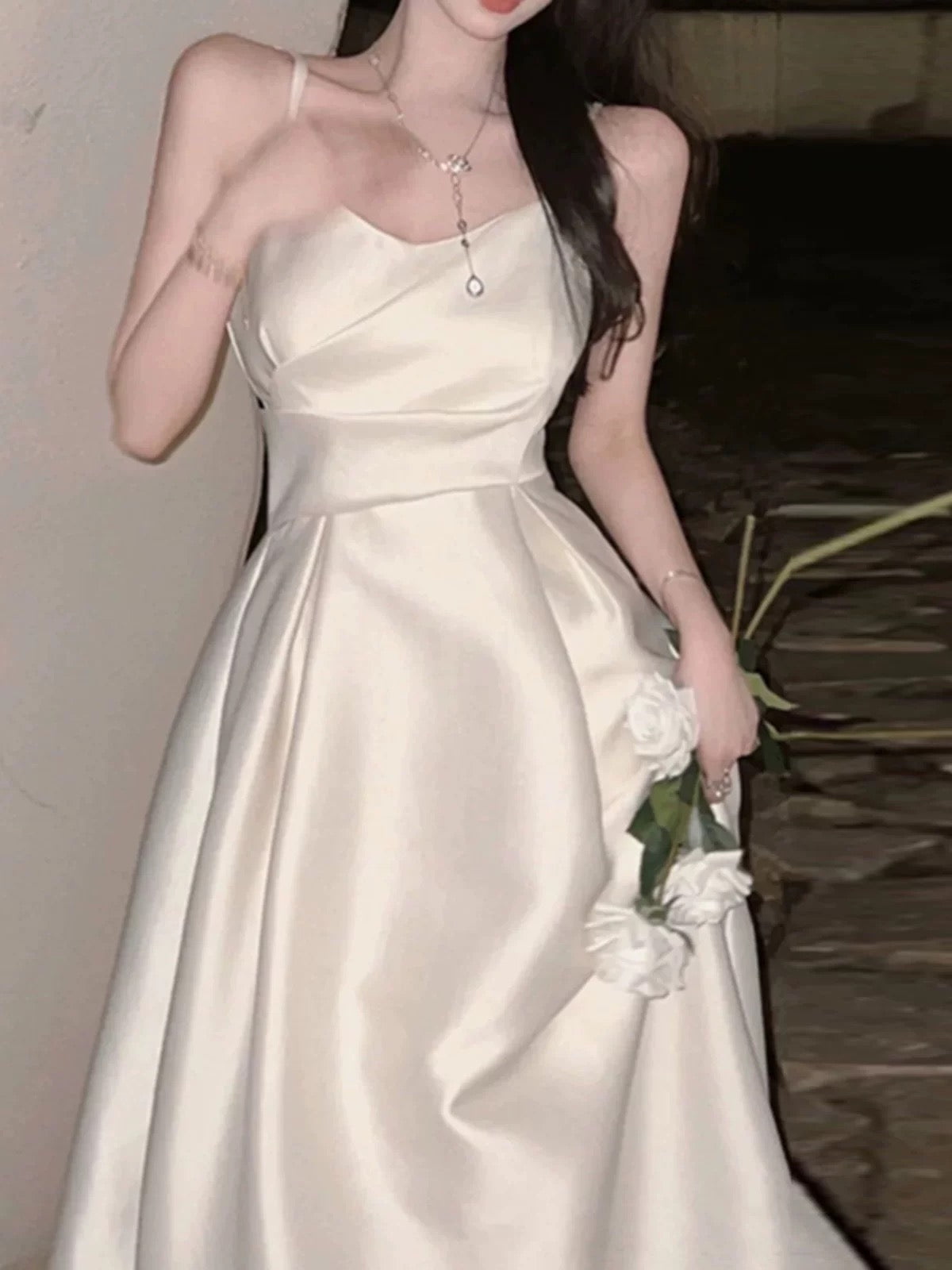 Pretty A line Spaghetti Straps Satin Prom Dress Evening Dress Formal Dress