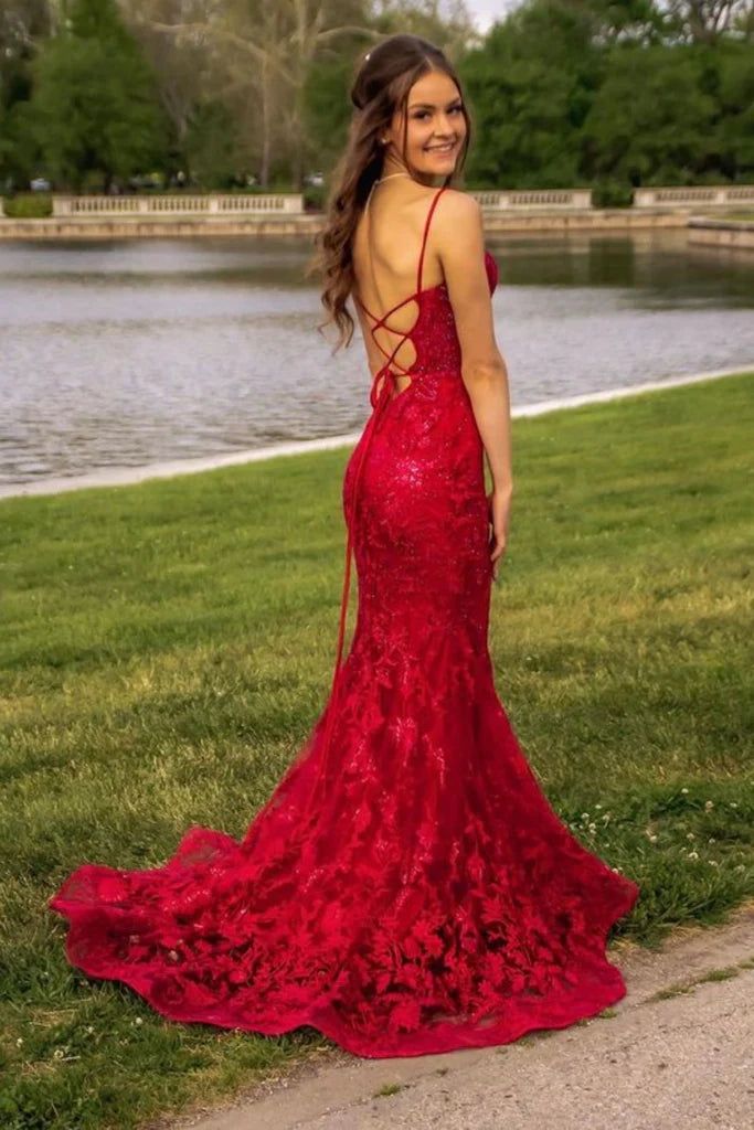 Pretty Mermaid Spaghetti Straps Burgundy Backless Prom Dresses Long Party Dress
