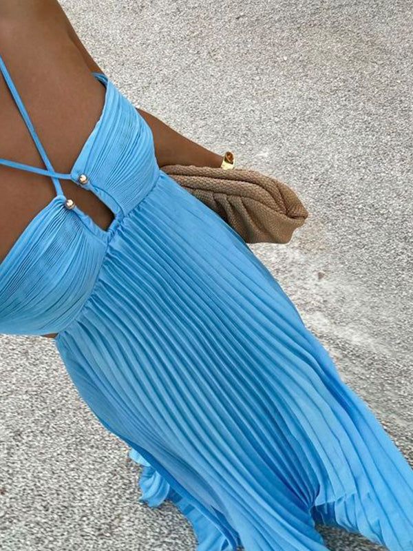 Sexy A Line Spaghetti Straps Blue Backless Prom Dresses Long Party Dress