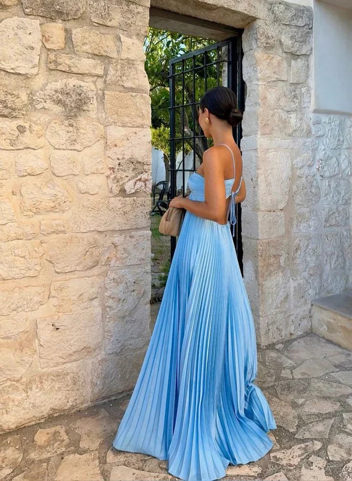 Sexy A Line Spaghetti Straps Blue Backless Prom Dresses Long Party Dress