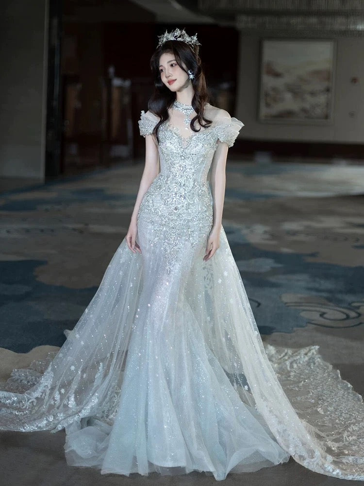 Pretty Mermaid Off-the-Shoulder Tulle Silver Beads Long Prom Dresses Formal Evening Dress