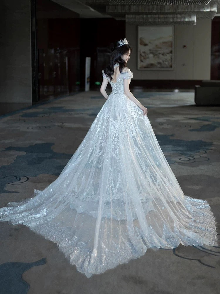 Pretty Mermaid Off-the-Shoulder Tulle Silver Beads Long Prom Dresses Formal Evening Dress