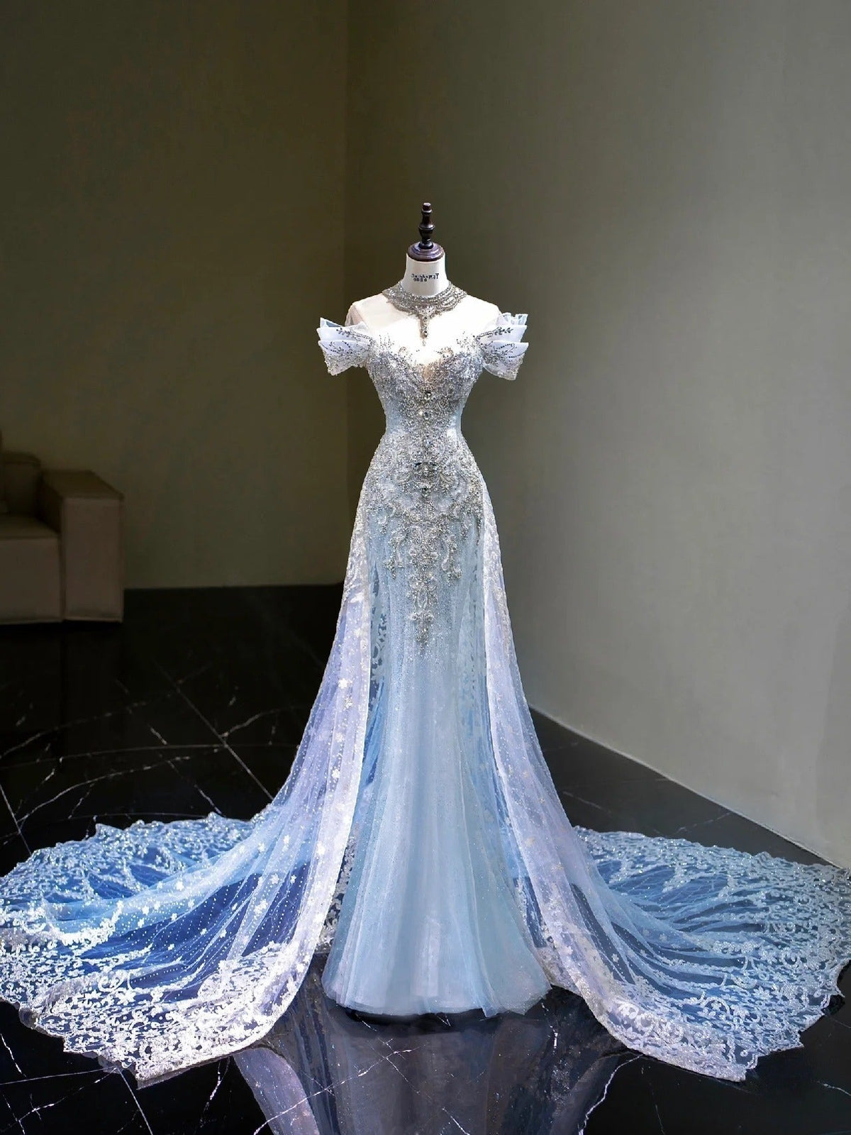 Pretty Mermaid Off-the-Shoulder Tulle Silver Beads Long Prom Dresses Formal Evening Dress