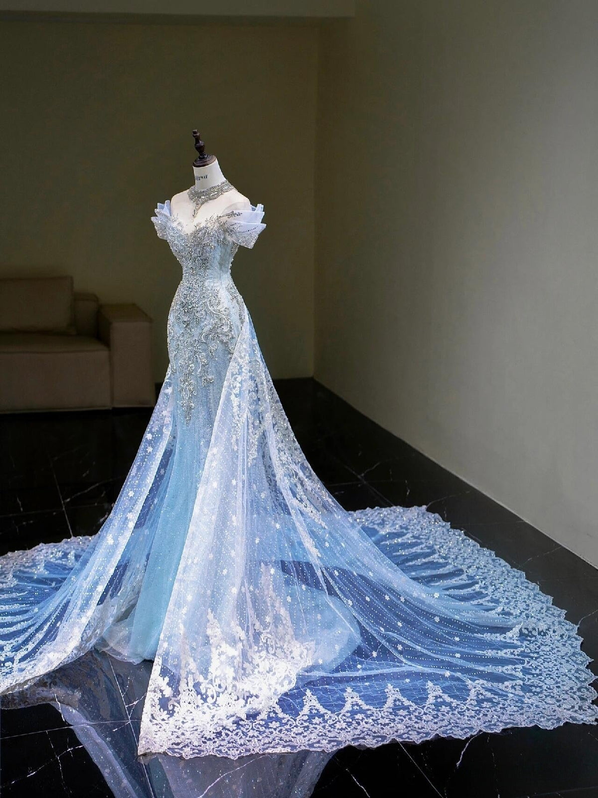 Pretty Mermaid Off-the-Shoulder Tulle Silver Beads Long Prom Dresses Formal Evening Dress
