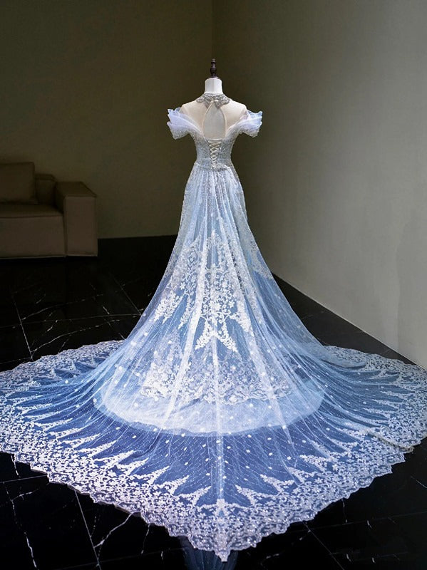 Pretty Mermaid Off-the-Shoulder Tulle Silver Beads Long Prom Dresses Formal Evening Dress