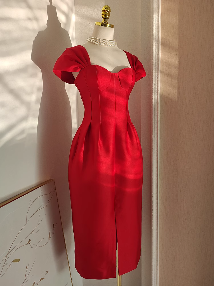 Sexy A-Line Sweetheart Red Satin Knee Length Homecoming Dresses Birthday Outfits - View 2 | FashionDia