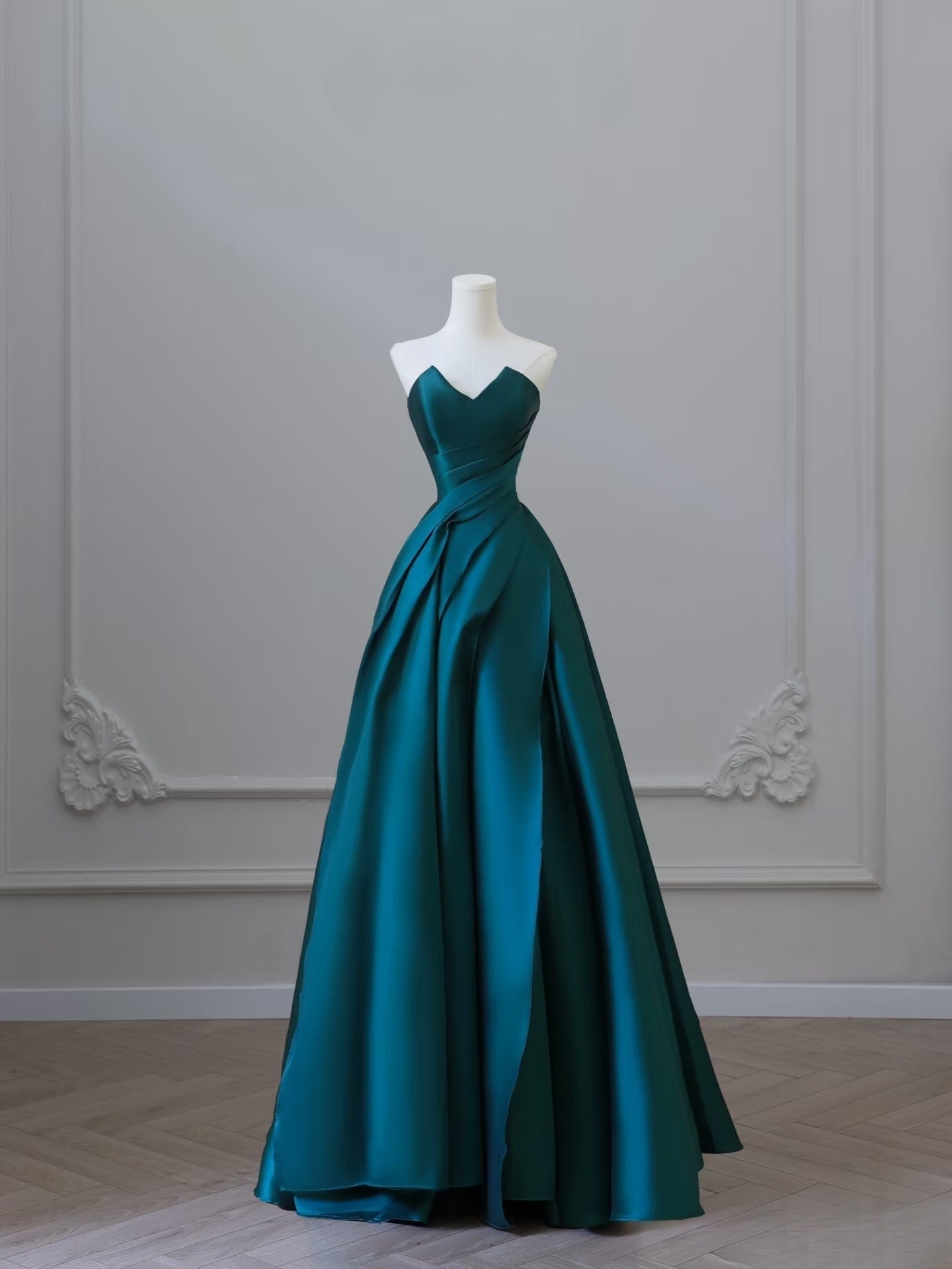 Pretty A Line Strapless Satin Ruffles Long Prom Dresses Formal Evening Dress